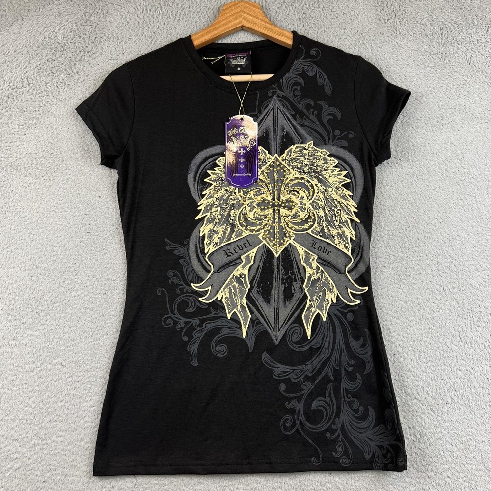 New Old Skool Shirt Womens Small Black Rebel Love Angel Wings Studded Gothic
